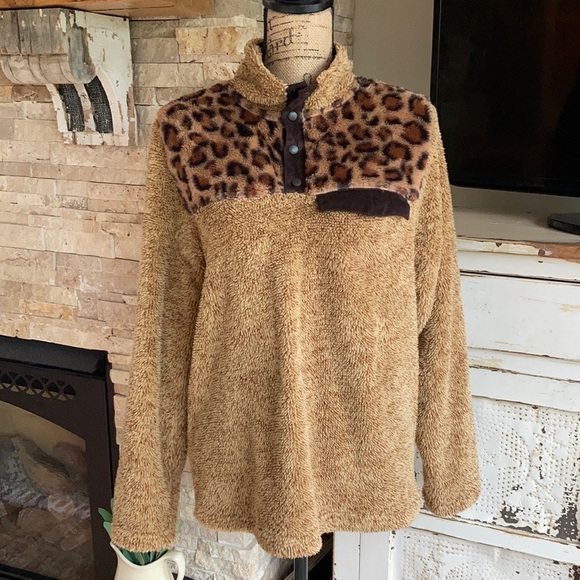 Oddy leopard print soft teddy bear brown pullover w buttons at top - Picture 1 of 16
